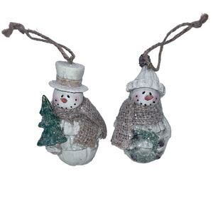 Set of 2 Glitter Snowmen Ornaments with Burlap Scarves - Tree & Wreath